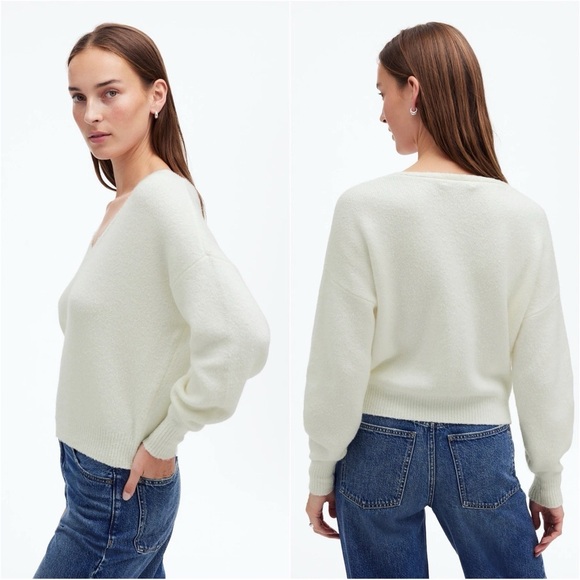 Madewell Wedged V-Neck Sweater Long Sleeve Slouchy Relaxed Winter White M NWT - Picture 2 of 12